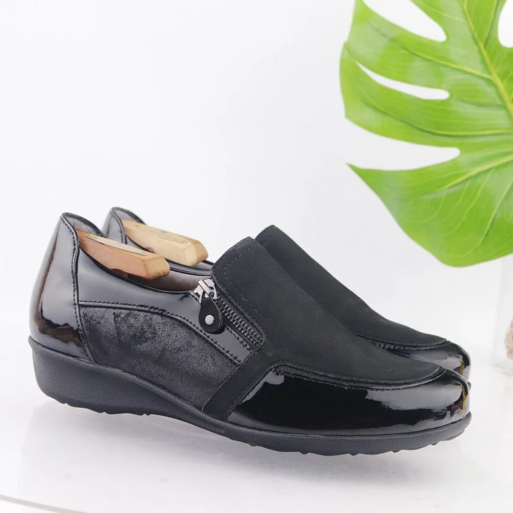 Drew Womens Padua Loafers Size 10 WIDE Black Patent Leather Comfort Shoes Wedge